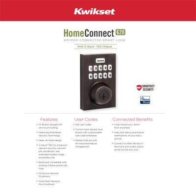 Kwikset Home Connect 620 Smart Lock, Z-Wave 700 Long Range, Contemporary with Deadbolt, Venetian Bronze